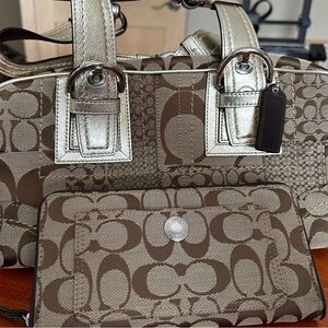 Coach Metallic Khaki Patchwork Satchel with Silver Trim and Wallet